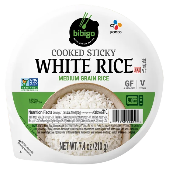 Bibigo Cooked Sticky White Rice Bowls, Medium Grain, 7.4 oz, 12 ct
