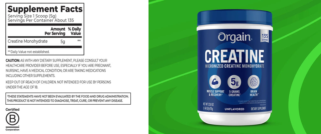 Orgain 5g Micronized Creatine Monohydrate, Unflavored, 1.48lbs