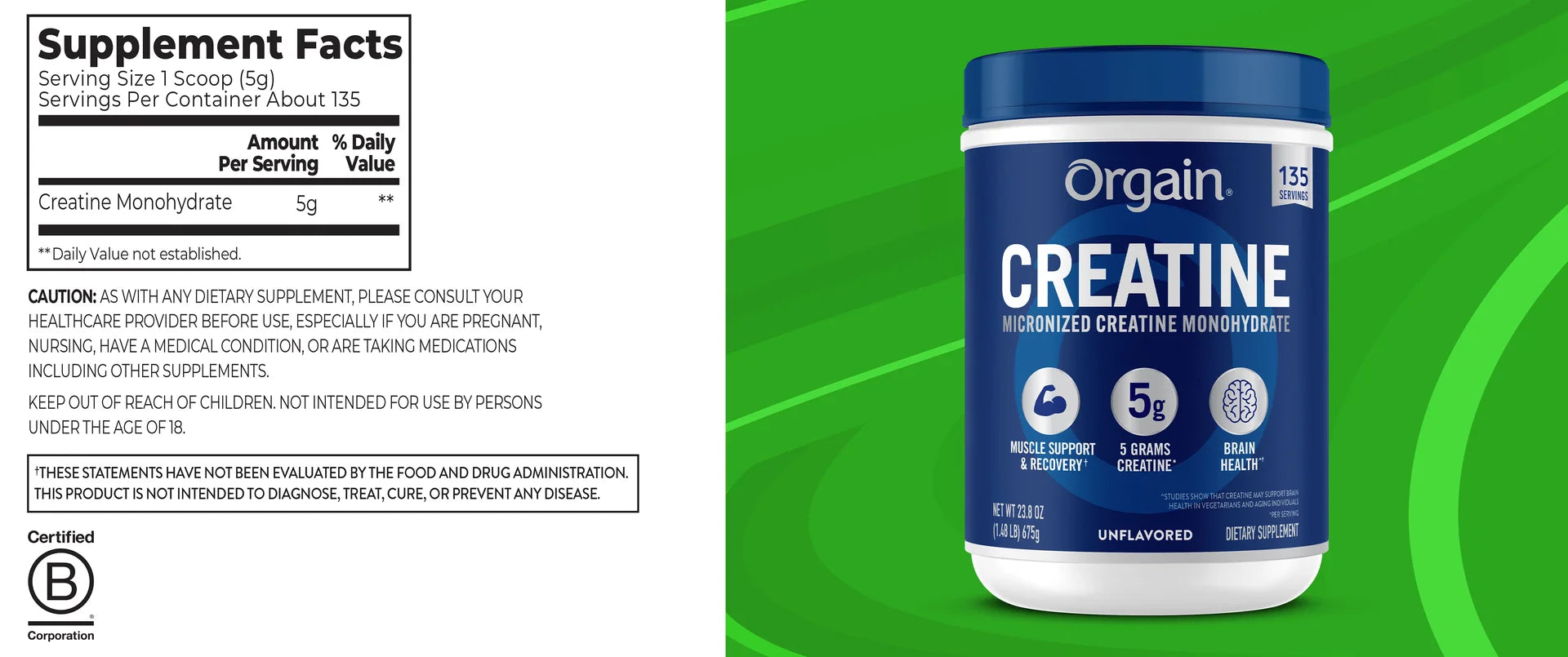 Orgain 5g Micronized Creatine Monohydrate, Unflavored, 1.48lbs