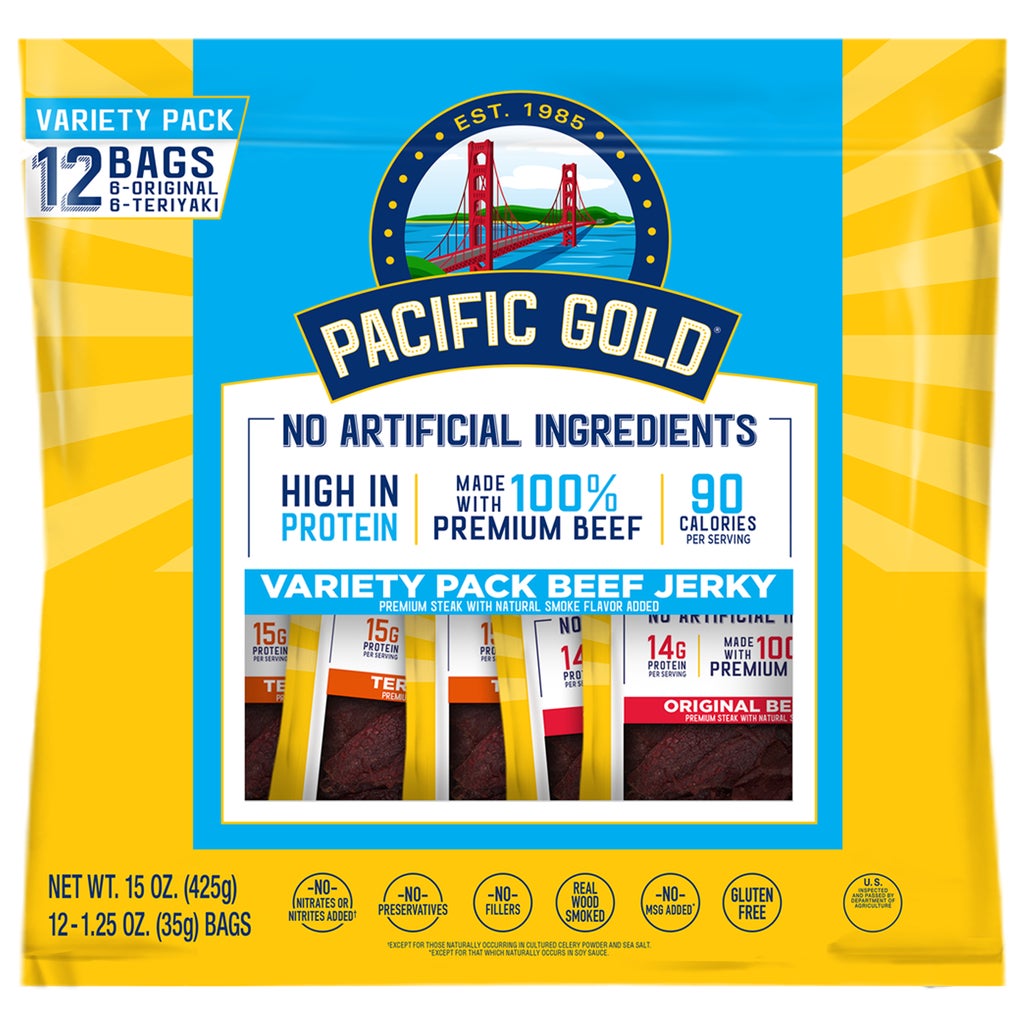 Pacific Gold Beef Jerky, Variety Pack, 1.25 oz, 12 ct