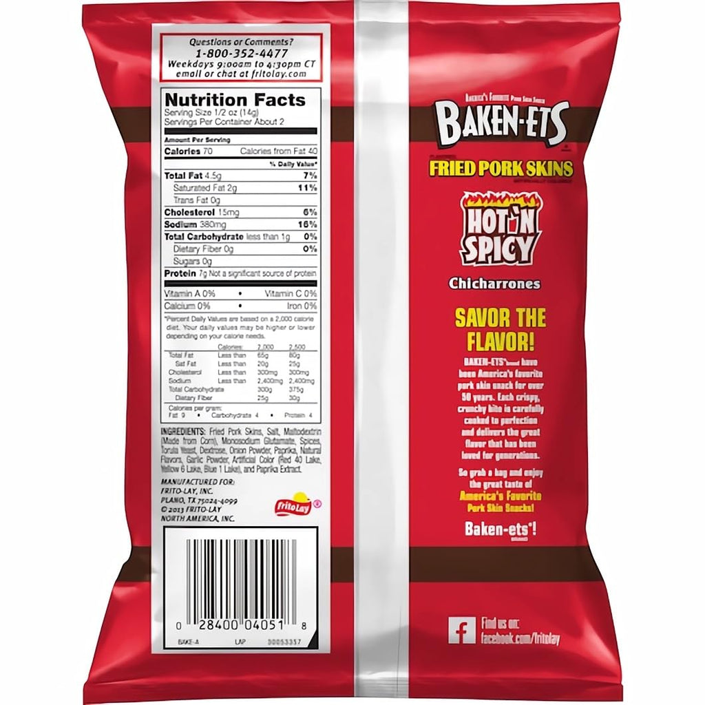 Baken-Ets Hot & Spicy Fried Pork Skins (Chicharrones), 1 Ounce Bag, 64 Count Case