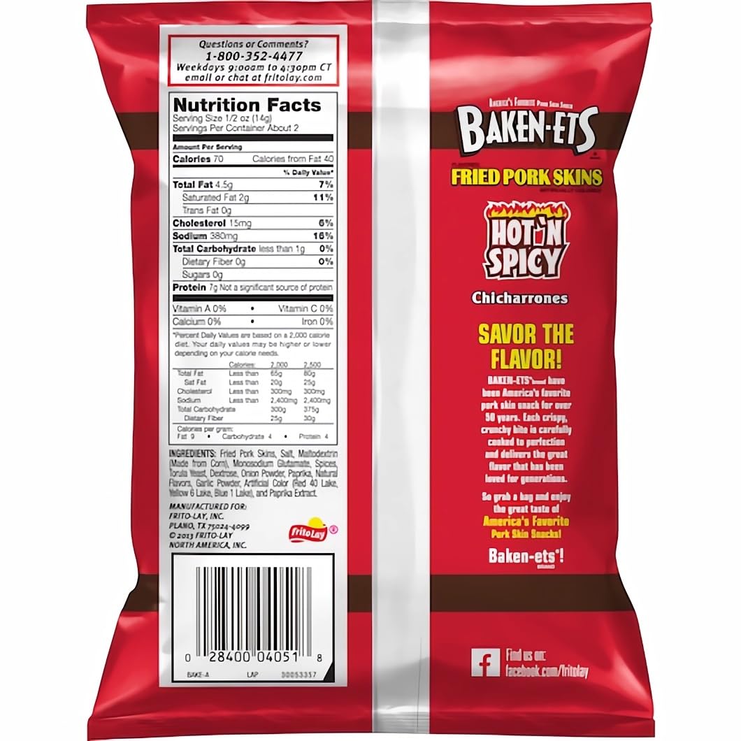 Baken-Ets Hot & Spicy Fried Pork Skins (Chicharrones), 1 Ounce Bag, 64 Count Case