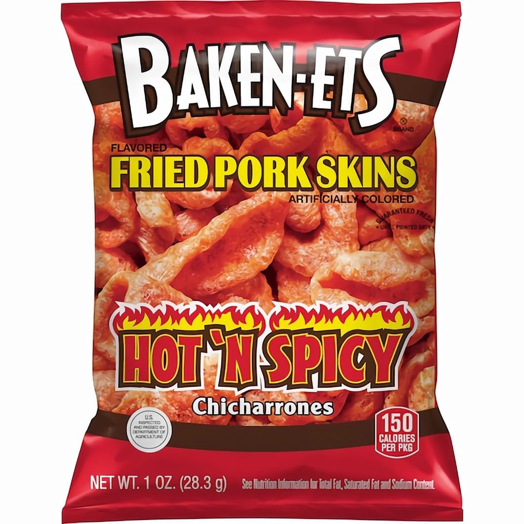 Baken-Ets Hot & Spicy Fried Pork Skins (Chicharrones), 1 Ounce Bag, 64 Count Case