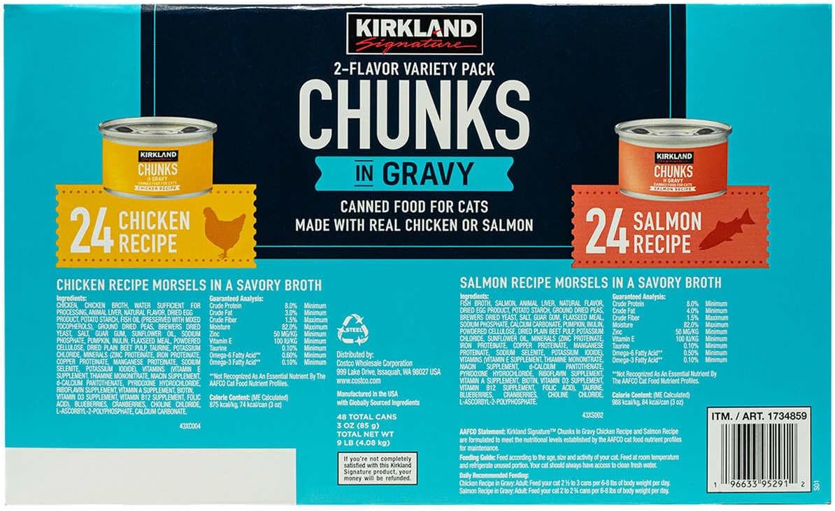 KIRKLAND Canned Cat Food, Chunks in Gravy, Variety Pack, 3 Oz (48 Ct)