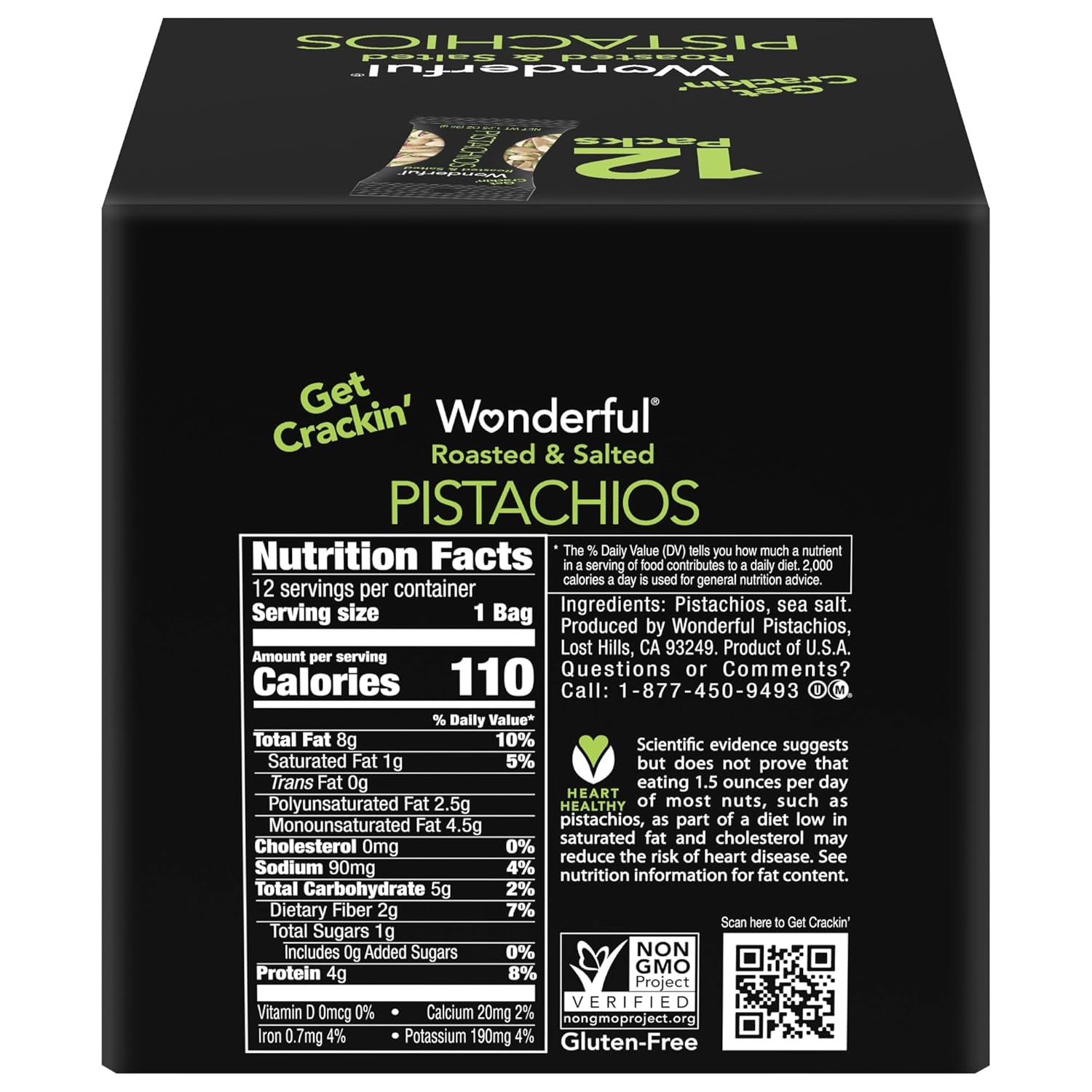 Wonderful Pistachios, Roasted And Salted, 1.25 Oz Tube, 12/box