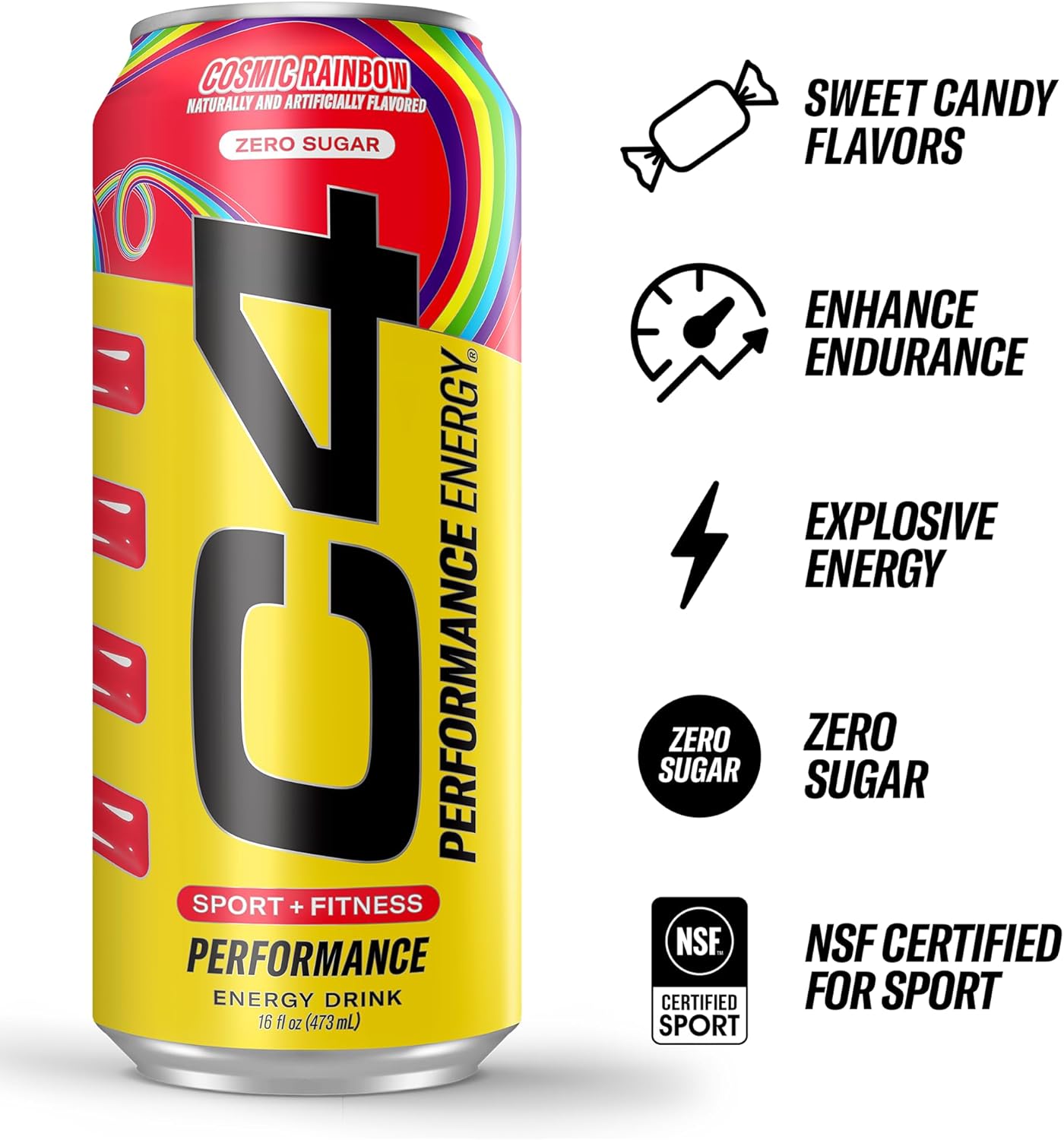 C4 Performance Energy Drink Cosmic Rainbow, Zero Sugar Carbonated Preworkout Energy, 200mg Caffeine with Beta Alanine, 16 Fl Oz (12 Pack)