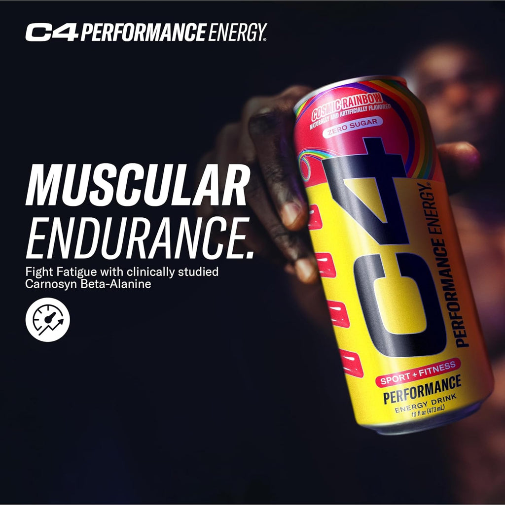 C4 Performance Energy Drink Cosmic Rainbow, Zero Sugar Carbonated Preworkout Energy, 200mg Caffeine with Beta Alanine, 16 Fl Oz (12 Pack)