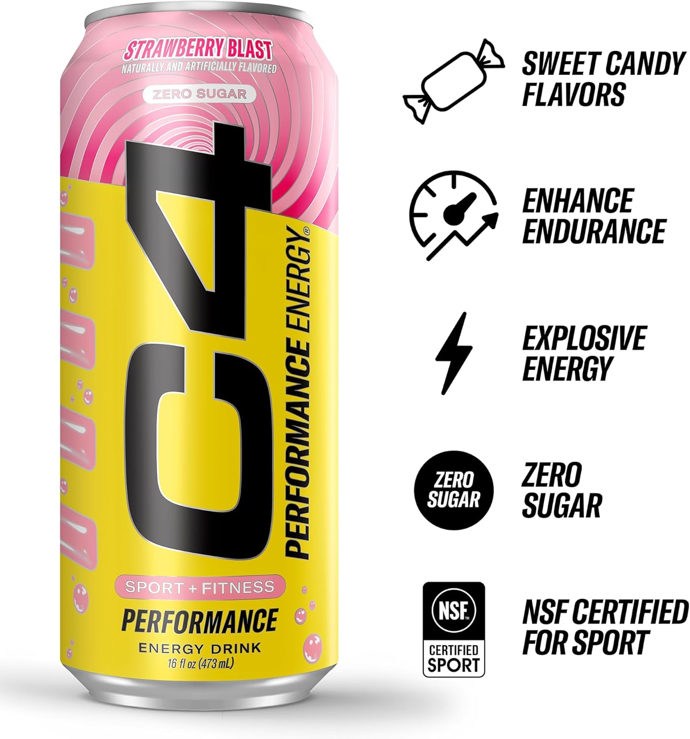 C4 Performance Energy Drink, Strawberry Blast, Zero Sugar Carbonated Preworkout Energy | 200mg Caffeine with Beta Alanine | 16 Fl Oz (12 Pack)