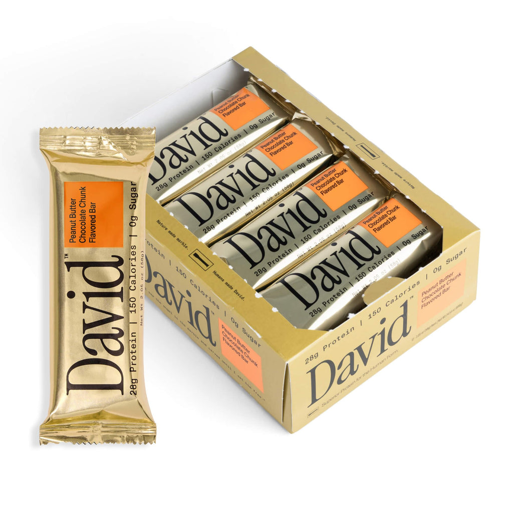 David High Protein Bars - 0g of Sugar, Gluten Free - 28g of Protein, 150 Calories - Peanut Butter Chocolate Chunk, Pack of 12