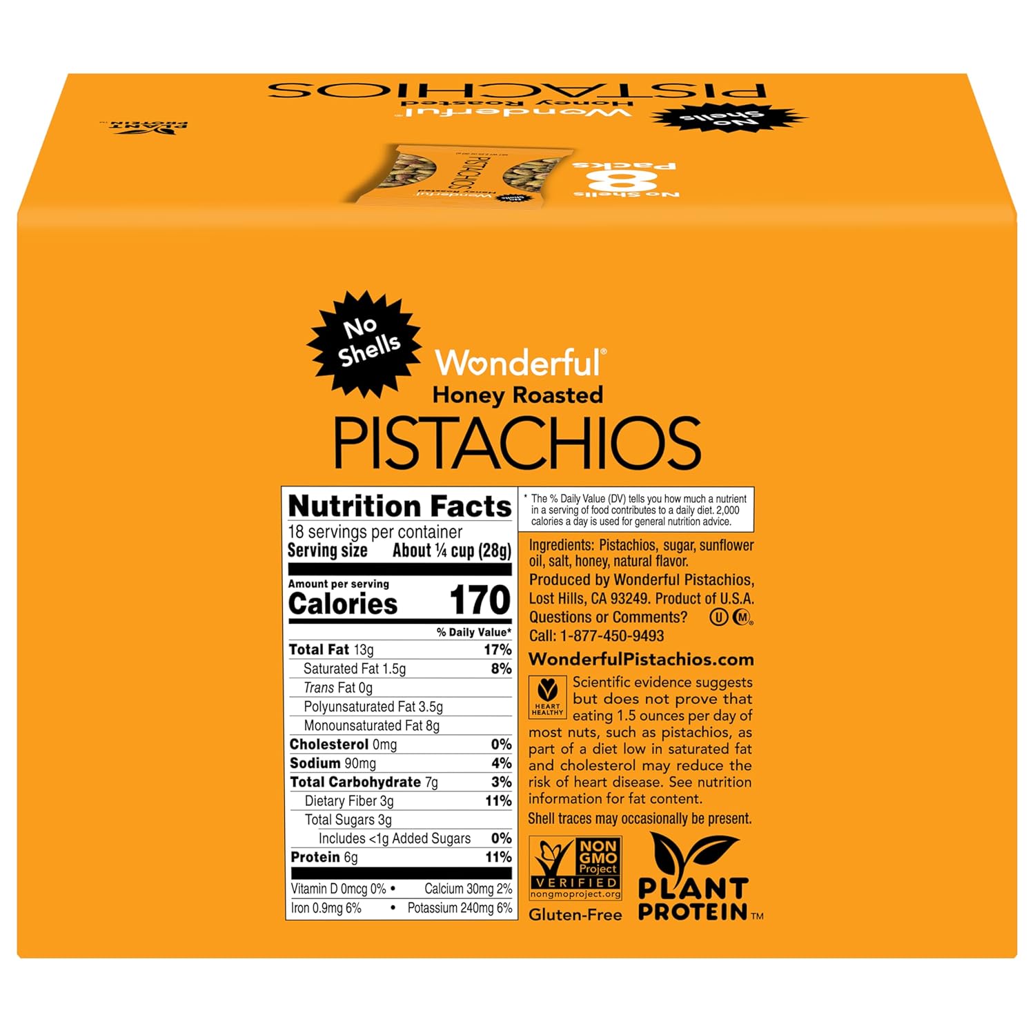 Wonderful Pistachios No Shells, Honey Roasted Nuts, 2.25 Ounce Bag (Pack of 8)