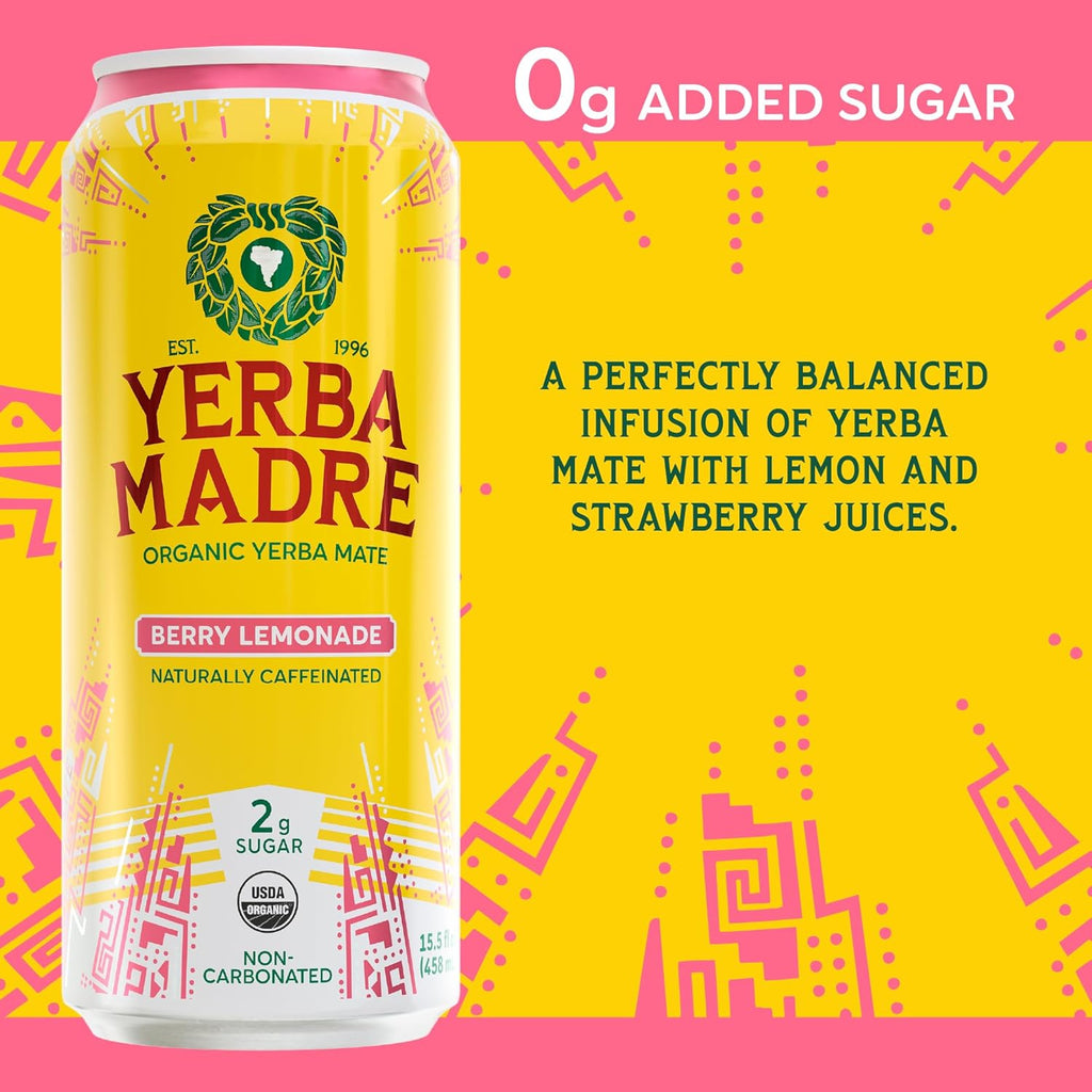 Yerba Madre Organic Yerba Mate, Energy Drink Alternative, Lower-Sugar Variety Pack, 150mg Plant Based Caffeine, Smooth Energy & Focus, No Jitters or Crash, 15.5oz Cans (Pack of 12)