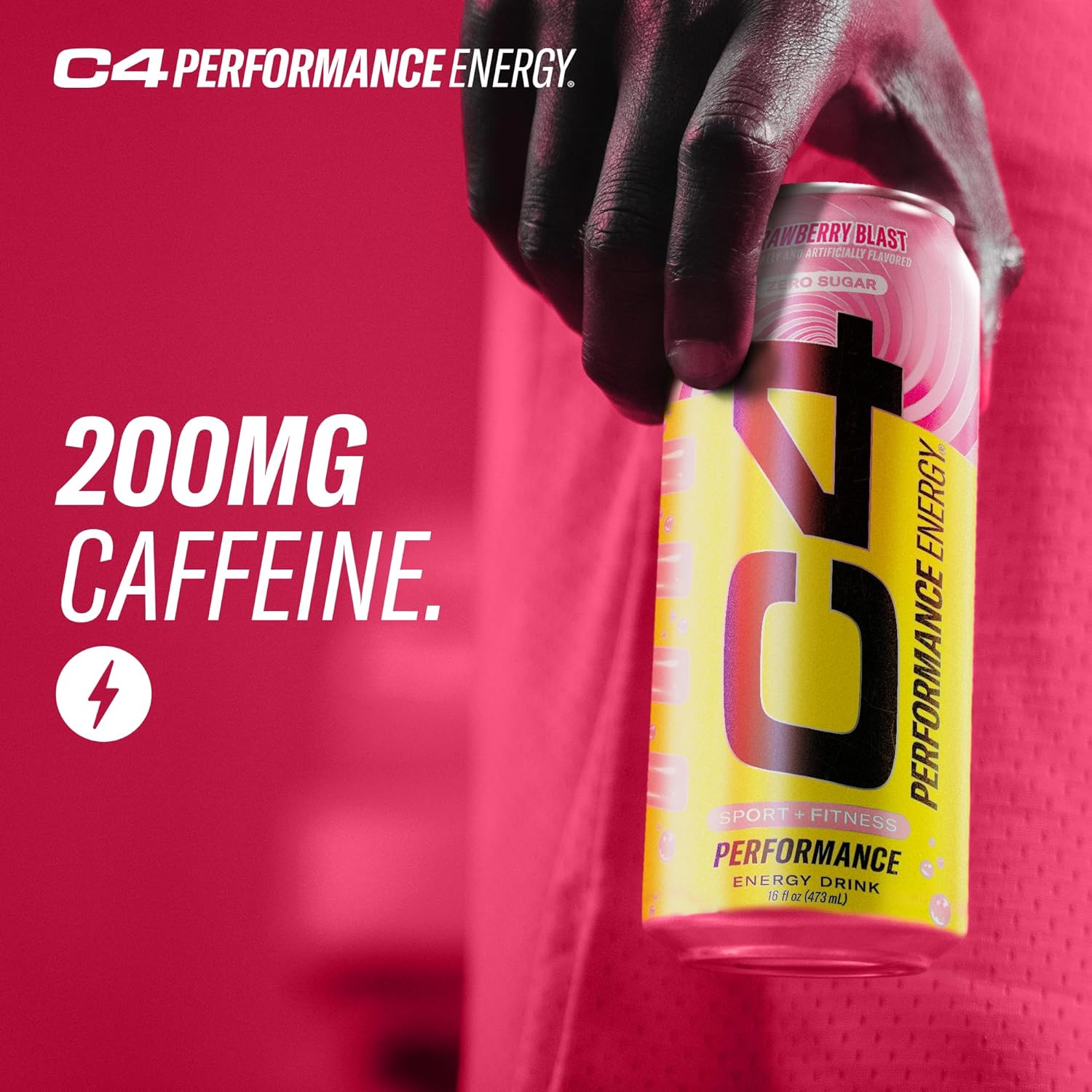 C4 Performance Energy Drink, Strawberry Blast, Zero Sugar Carbonated Preworkout Energy | 200mg Caffeine with Beta Alanine | 16 Fl Oz (12 Pack)