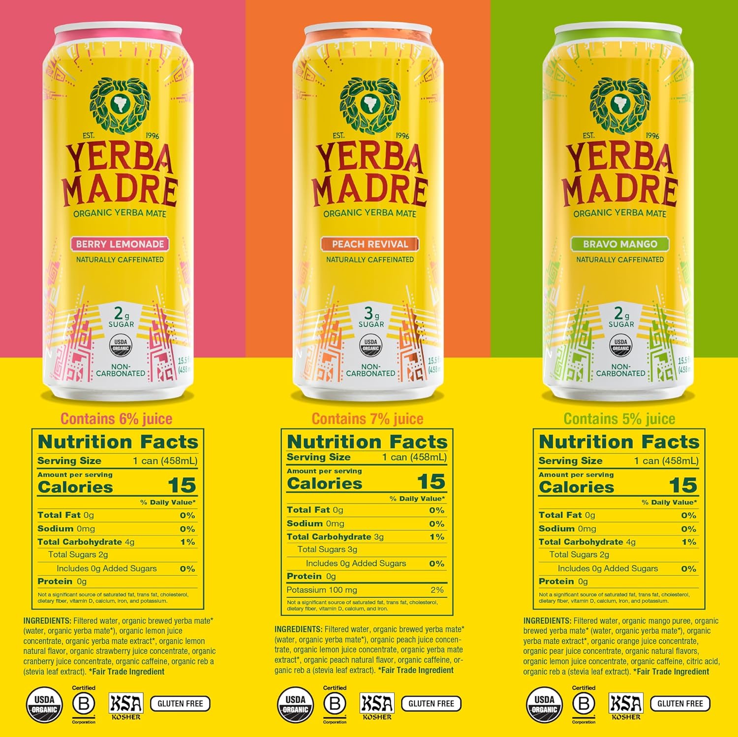 Yerba Madre Organic Yerba Mate, Energy Drink Alternative, Lower-Sugar Variety Pack, 150mg Plant Based Caffeine, Smooth Energy & Focus, No Jitters or Crash, 15.5oz Cans (Pack of 12)