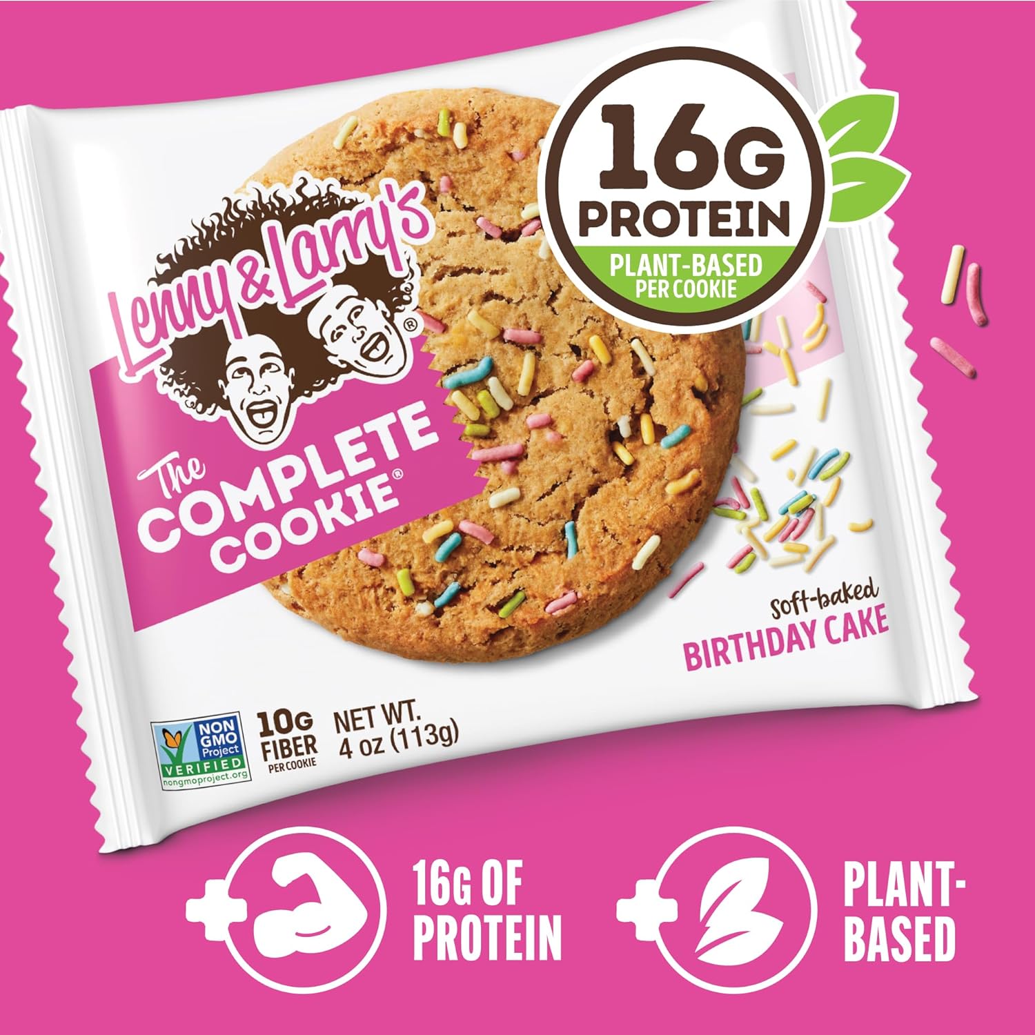 Lenny & Larry's, Birthday Cake, Chewy Soft Baked, 16g Plant Protein, Vegan, Non-GMO, 4 Ounce Cookie (Pack of 12)