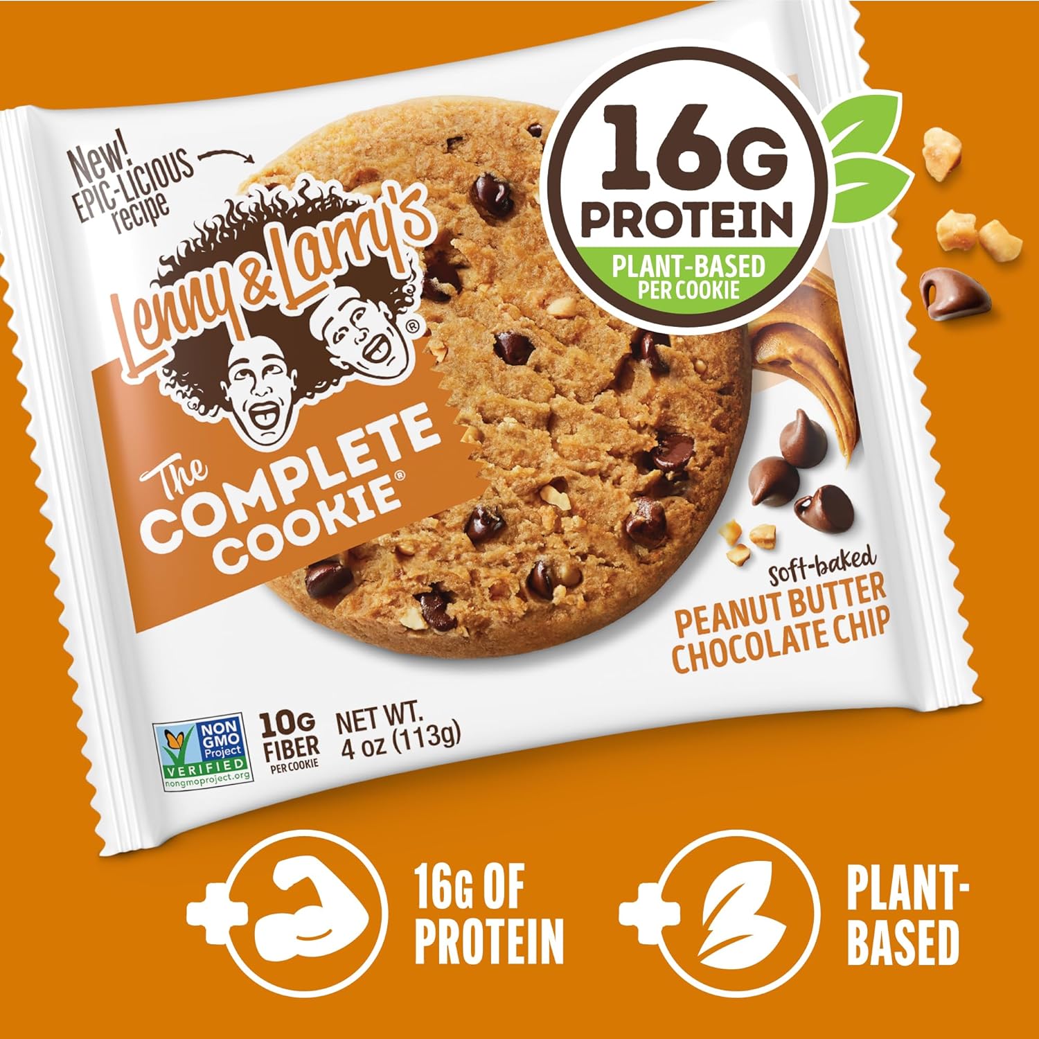 Lenny & Larry's, Peanut Butter Chocolate Chip, Chewy Soft Baked, 16g Plant Protein, Vegan, Non-GMO, High Fiber, 4 Ounce Cookie (Pack of 12)