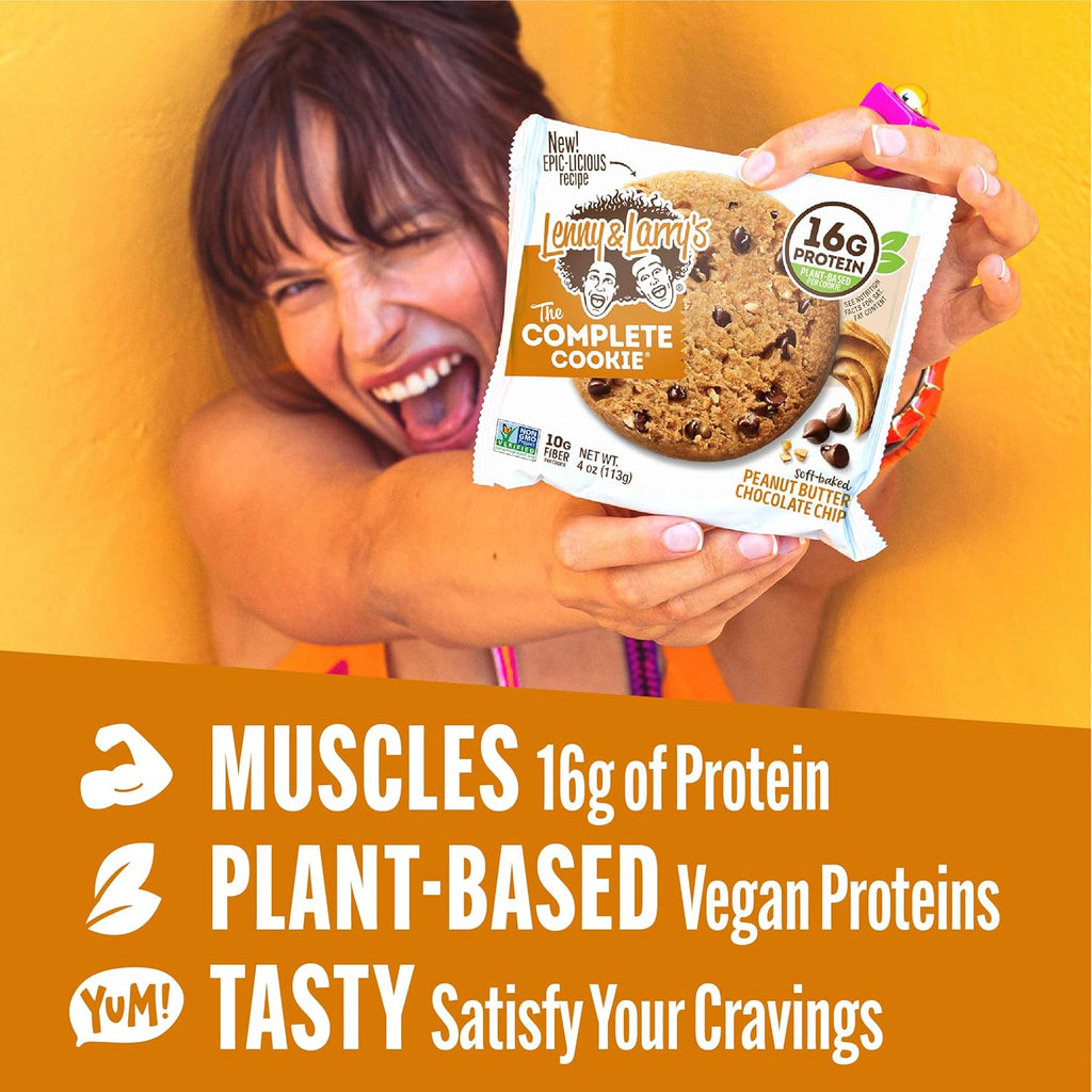 Lenny & Larry's, Peanut Butter Chocolate Chip, Chewy Soft Baked, 16g Plant Protein, Vegan, Non-GMO, High Fiber, 4 Ounce Cookie (Pack of 12)