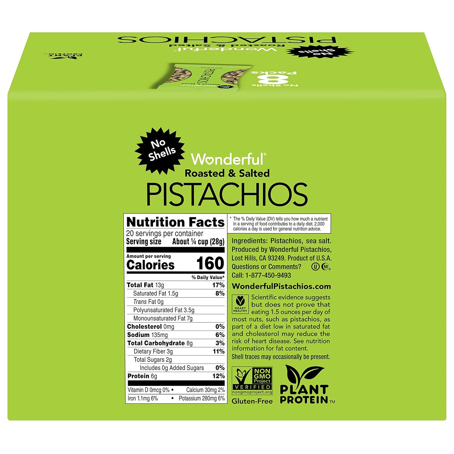 Wonderful Pistachios No Shells, Roasted and salted Nuts, 2.5 Ounce Bag (Pack of 8)