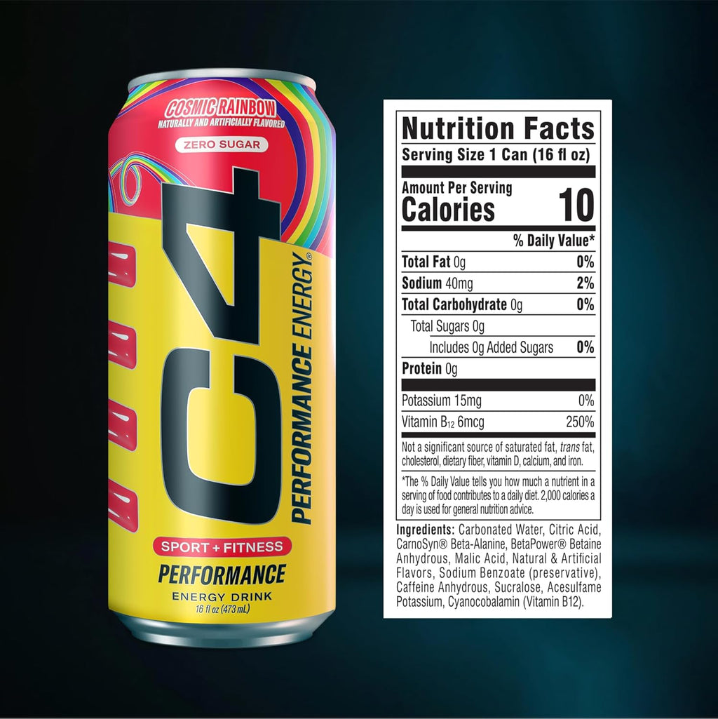 C4 Performance Energy Drink Cosmic Rainbow, Zero Sugar Carbonated Preworkout Energy, 200mg Caffeine with Beta Alanine, 16 Fl Oz (12 Pack)
