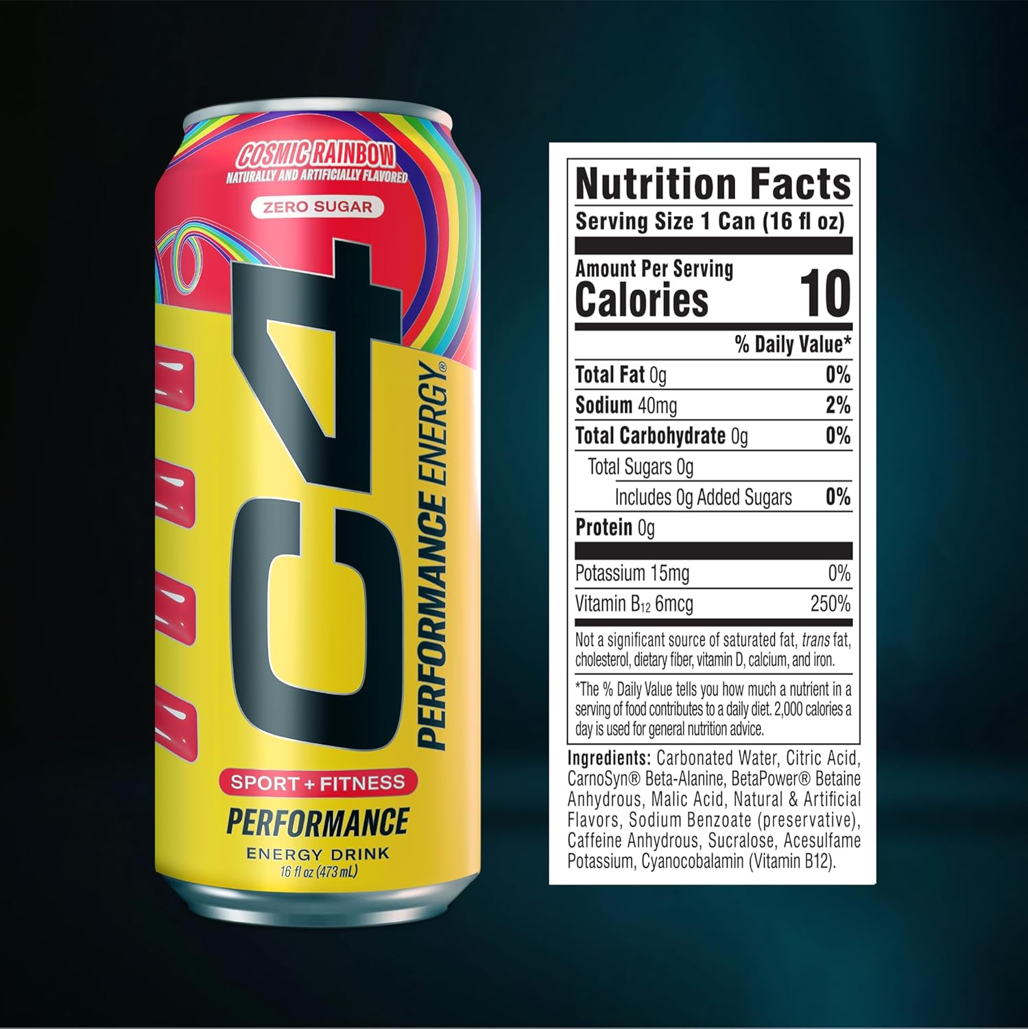 C4 Performance Energy Drink Cosmic Rainbow, Zero Sugar Carbonated Preworkout Energy, 200mg Caffeine with Beta Alanine, 16 Fl Oz (12 Pack)