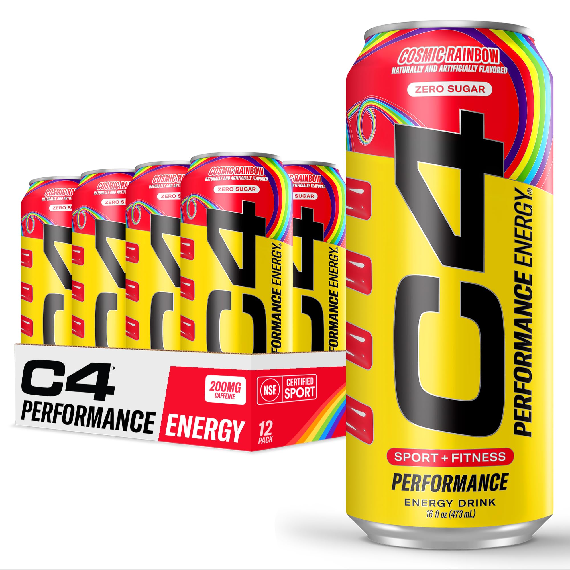 C4 Performance Energy Drink Cosmic Rainbow, Zero Sugar Carbonated Preworkout Energy, 200mg Caffeine with Beta Alanine, 16 Fl Oz (12 Pack)