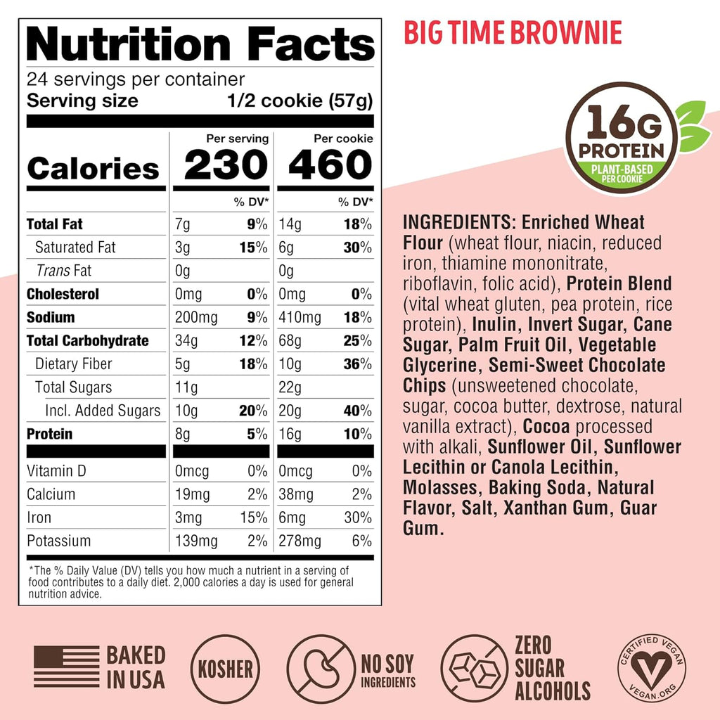 Lenny & Larry's, Big Time Brownie, Chewy Soft Baked, 16g Plant Protein, Vegan, Non-GMO, High Fiber, 4 Ounce Cookie (Pack of 12)