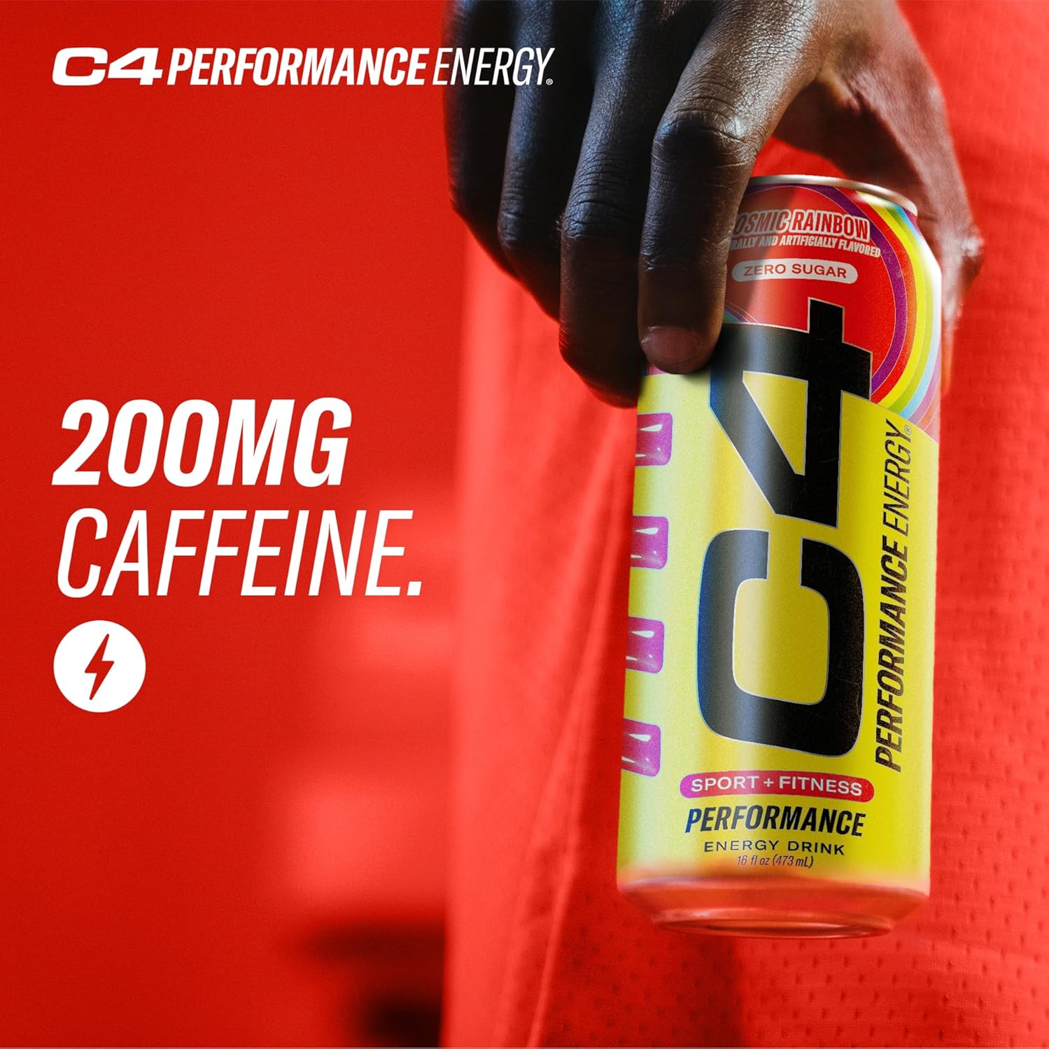 C4 Performance Energy Drink Cosmic Rainbow, Zero Sugar Carbonated Preworkout Energy, 200mg Caffeine with Beta Alanine, 16 Fl Oz (12 Pack)
