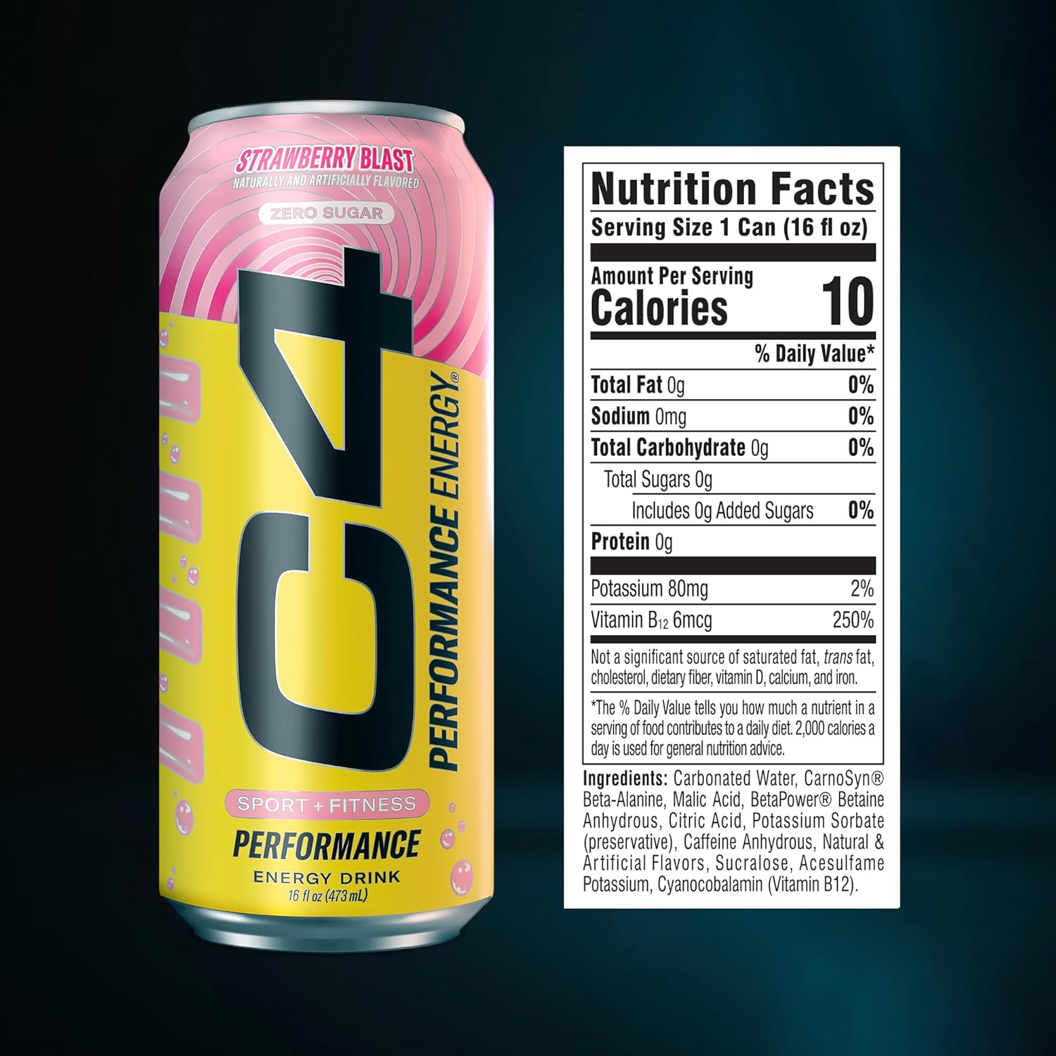 C4 Performance Energy Drink, Strawberry Blast, Zero Sugar Carbonated Preworkout Energy | 200mg Caffeine with Beta Alanine | 16 Fl Oz (12 Pack)