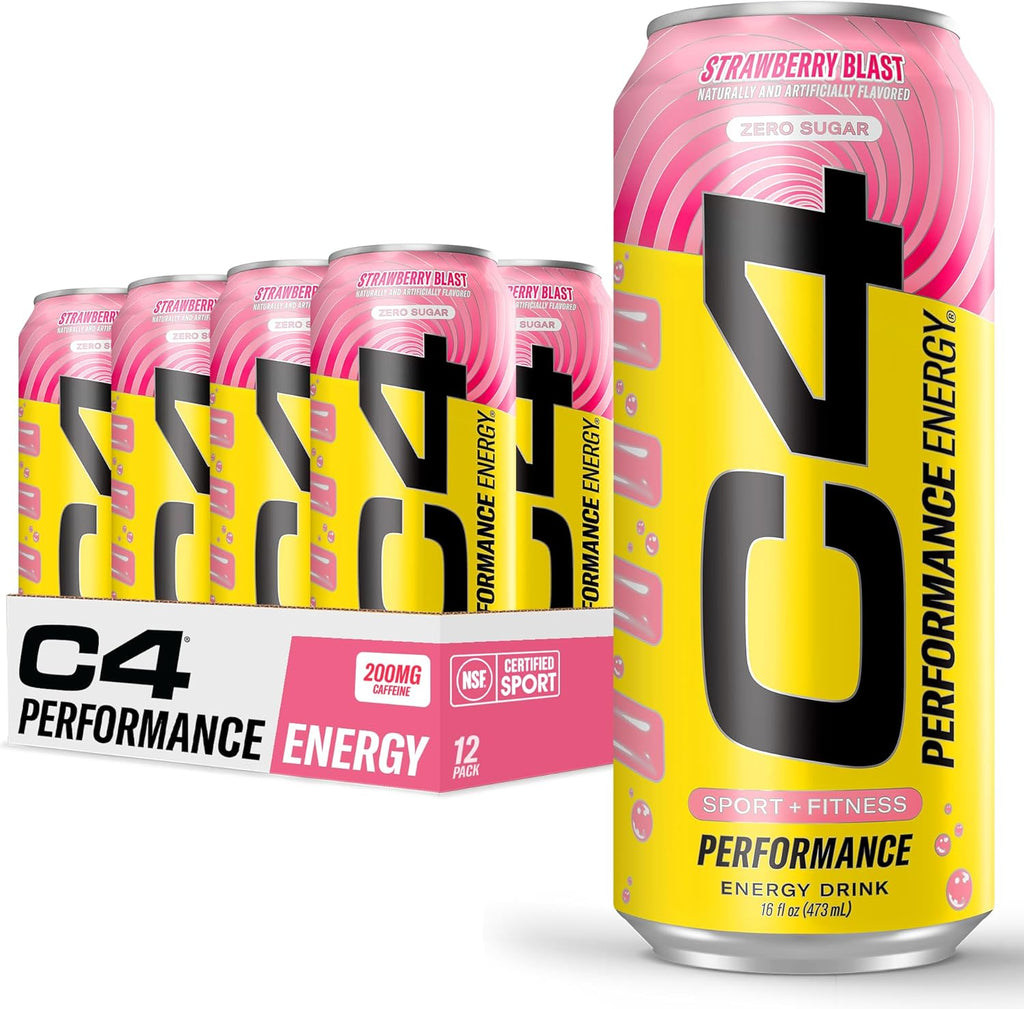 C4 Performance Energy Drink, Strawberry Blast, Zero Sugar Carbonated Preworkout Energy | 200mg Caffeine with Beta Alanine | 16 Fl Oz (12 Pack)